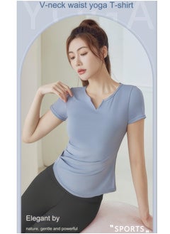 HaveDream Women's Yoga Suit Sports Suit Two-Piece Suit, Running Pilates Fitness Suit, V-Neck Waist Yoga T-Shirt + Yoga Shorts (Gray Lake Blue + Star Black, Size L)  - Image 3