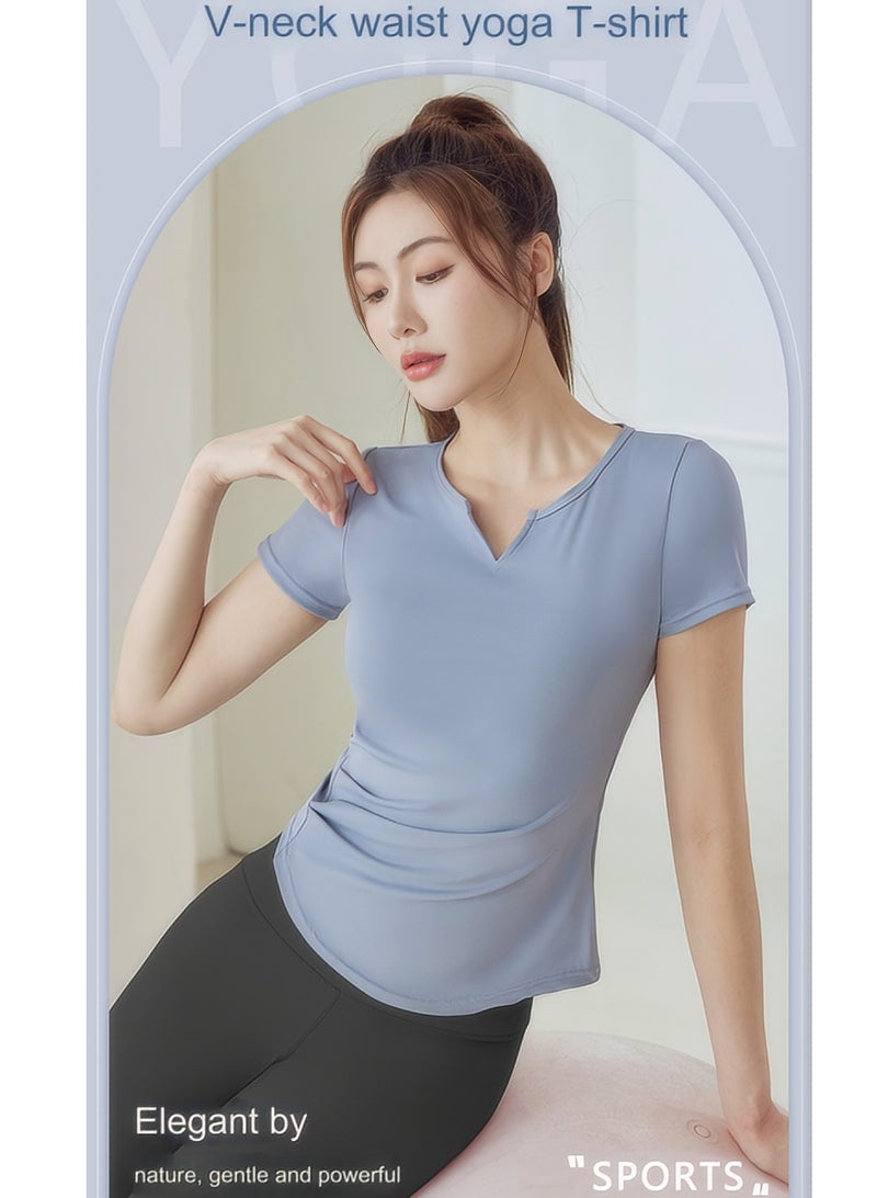 HaveDream Women's Yoga Suit Sports Suit Two-Piece Suit, Running Pilates Fitness Suit, V-Neck Waist Yoga T-Shirt + Yoga Shorts (Gray Lake Blue + Star Black, Size L)  - Image 3