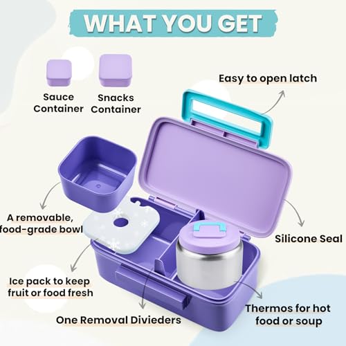 PIQUEBAR Kids Lunch Box with 8oz Thermo, Leakproof Bento Box with Insulated Bag, Kids Insulated Water Bottle, Food Lunch Container for Back to School Girls Boys, Purple - Image 2
