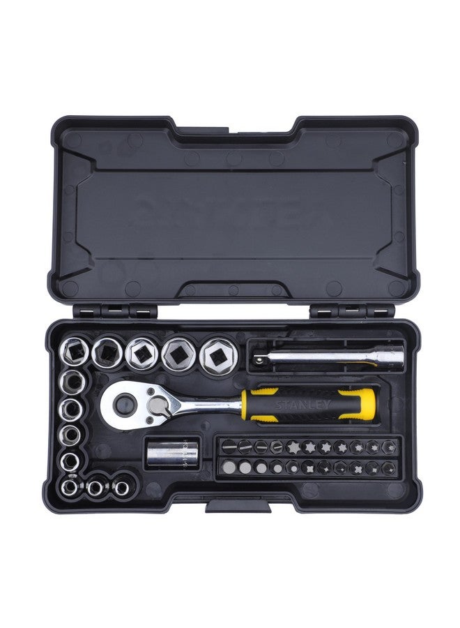 Stanley STANLEY STMT82672 1/4" 37-Piece Chrome Compact Socket Set comes with a Heavy-Duty Plastic Case for Home, DIY, Industrial & Professional Use, YELLOW & BLACK  - Image 1