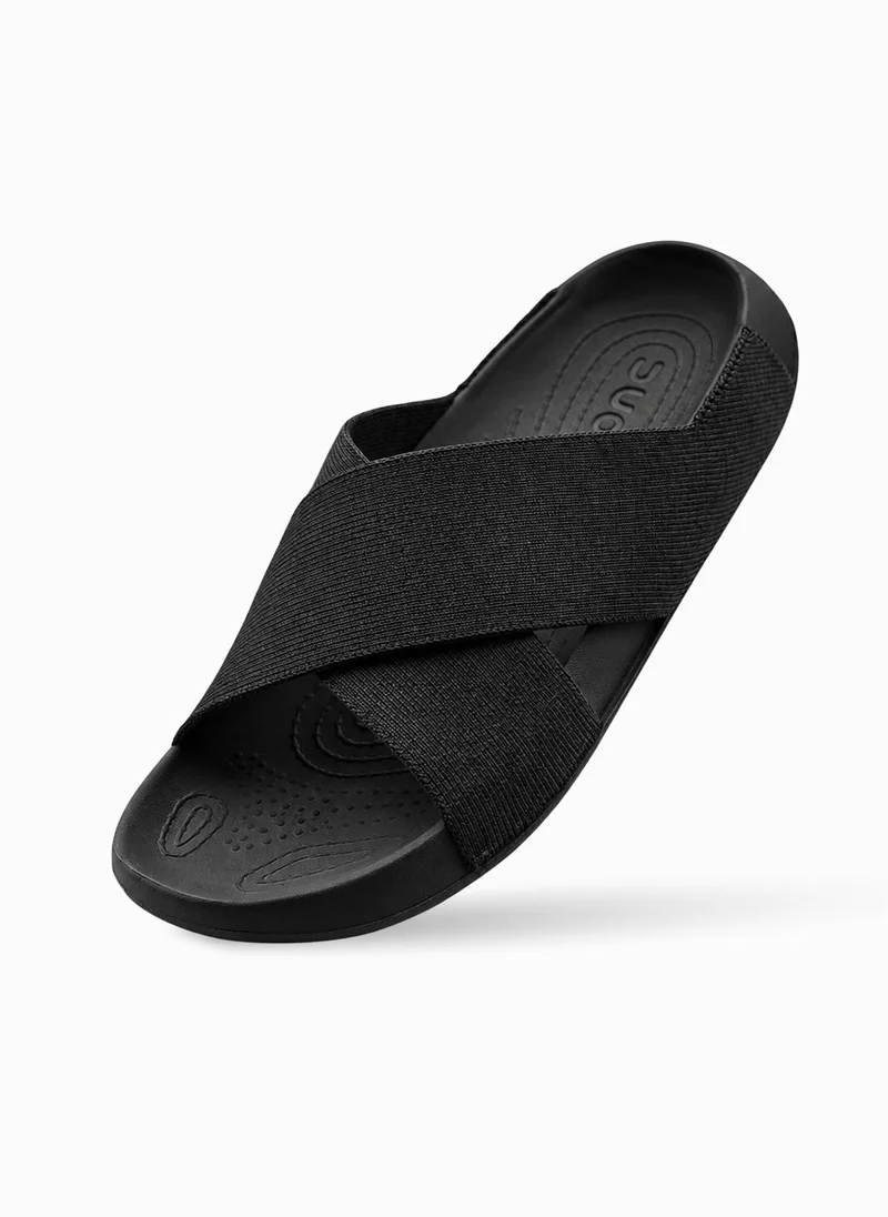 Duozoulu Jet Black Aqua Cross Wool Slide Sandals  | Best Price UAE