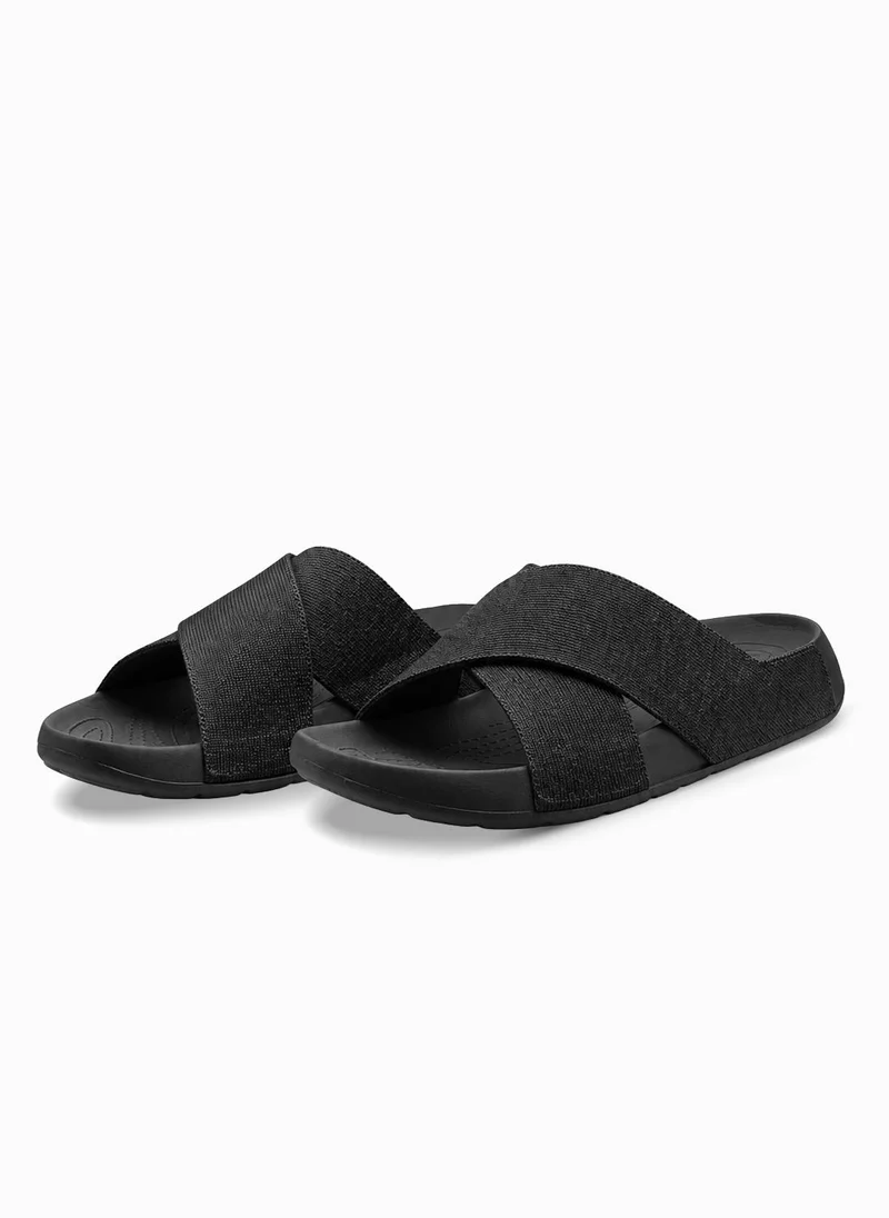Duozoulu Jet Black Aqua Cross Wool Slide Sandals  | Best Price UAE