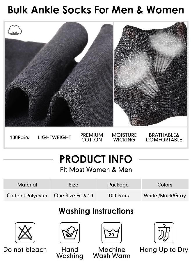 Tarpop - Tarpop 100 Pairs Mens Socks Bulk Moisture Wicking Socks Casual Sports Ankle Socks Bulk for Homeless Unisex Adult Men Women (Black, White, Gray) - Image 1