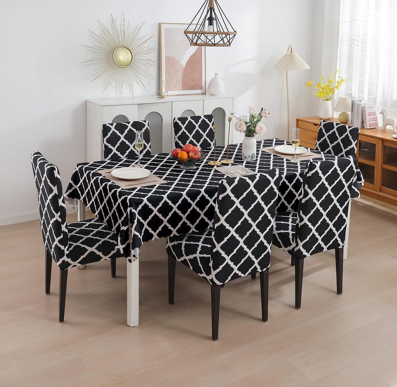 House of Quirk Polyvinyl Chloride (PVC) Dining Chair Cover With Rectangular Table Covers For Kitchen Waterproof Dining Table Cloth (Black Diamond, 1 Table Cover + 6 Chair Cover) - Image 1