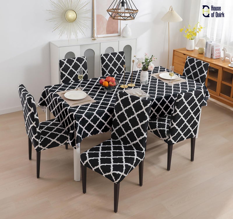 House of Quirk Polyvinyl Chloride (PVC) Dining Chair Cover With Rectangular Table Covers For Kitchen Waterproof Dining Table Cloth (Black Diamond, 1 Table Cover + 6 Chair Cover) - Image 3