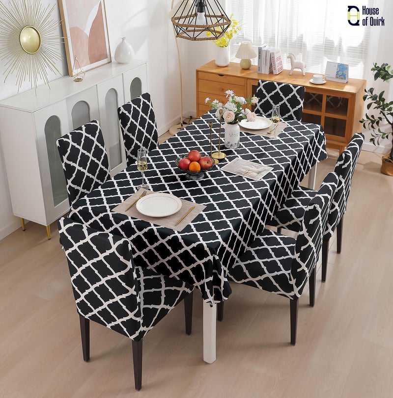 House of Quirk Polyvinyl Chloride (PVC) Dining Chair Cover With Rectangular Table Covers For Kitchen Waterproof Dining Table Cloth (Black Diamond, 1 Table Cover + 6 Chair Cover) - Image 2