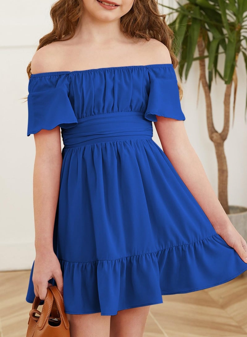 blibean Girls Summer Tie Back Dress Tween Kids Formal Boho Cold Shoulder Cute Dresses Ruffle Party Short Sleeve Clothing Vestidos NiÃ±as Size 12-13 Years Old Royal Blue - Image 4