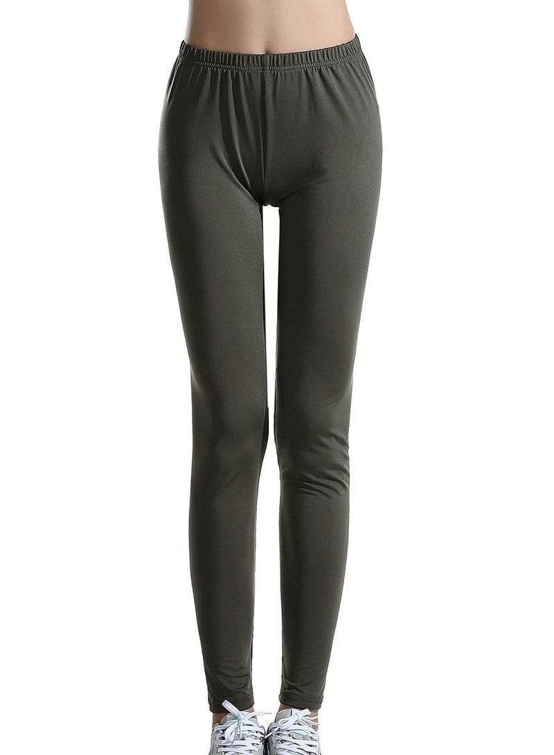 Loquat Women's Solid Color Elastic Waistband Highly Elastic Leggings Pants Army Green  - Image 1
