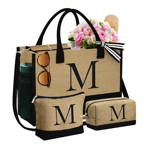 YOOLIFE Personalized Gifts Beach Tote Bag, Birthday Gifts for Women Grandma Mom Travel Letter Jute Tote Bag Best Friend Birthday Gift Teacher Appreciation Boss Her Gift for Women Mother Letter M - Image 1