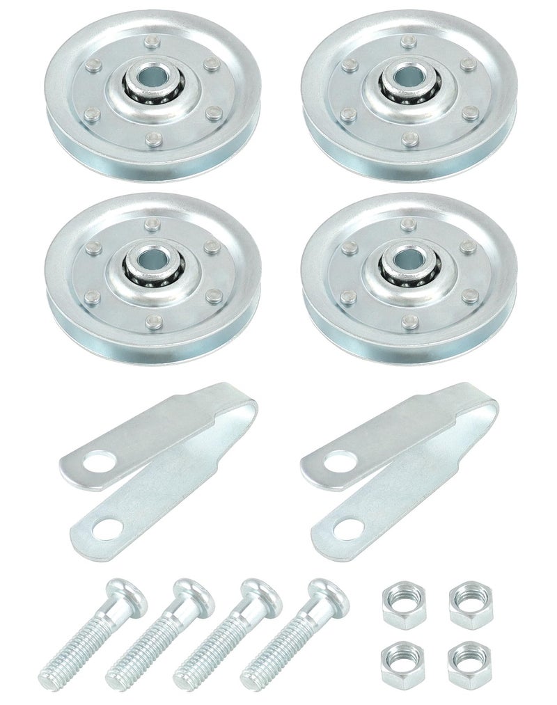 QWORK 4 Pack 3" Heavy Duty Garage Door Pulley Kits, 4 Pcs Sheave Pulleys, 2 Pcs Clevis Forks, 4 Pcs Bolts and Nuts Kit, 3/8" Arbor 200LB Load, Extension Spring Pulley Wheel - Image 1
