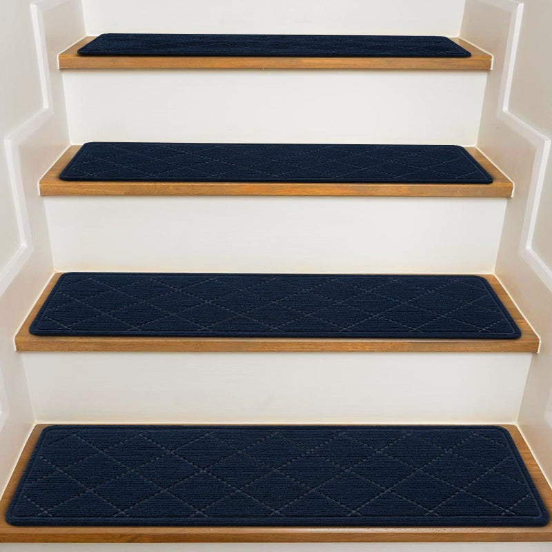 KOOTETA Stair Treads for Wooden Steps Indoor, 15 Pack 8" X 30" Non Slip Carpet Stair Treads with Reusable Adhesive for Kids Elders and Dogs, Surface Polyester TPR Backing Stair Rugs,Navy - Image 1