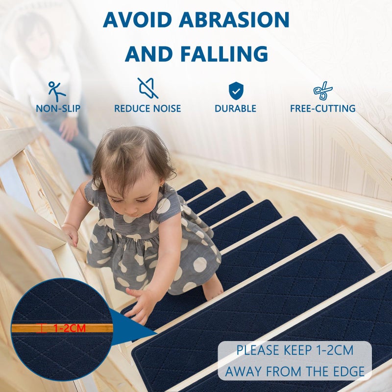 KOOTETA Stair Treads for Wooden Steps Indoor, 15 Pack 8" X 30" Non Slip Carpet Stair Treads with Reusable Adhesive for Kids Elders and Dogs, Surface Polyester TPR Backing Stair Rugs,Navy - Image 4