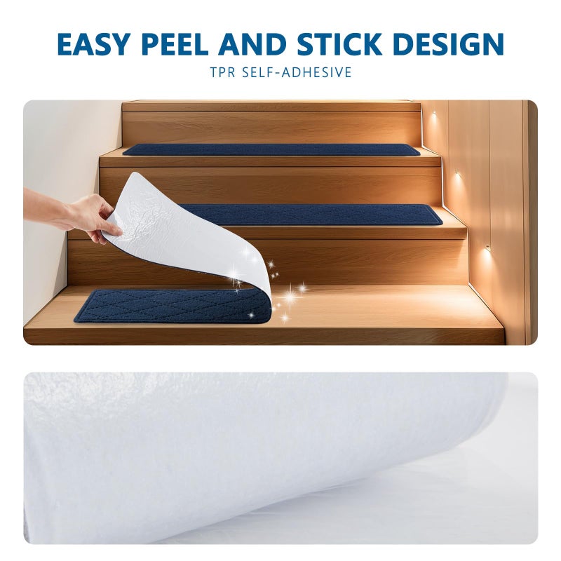 KOOTETA Stair Treads for Wooden Steps Indoor, 15 Pack 8" X 30" Non Slip Carpet Stair Treads with Reusable Adhesive for Kids Elders and Dogs, Surface Polyester TPR Backing Stair Rugs,Navy - Image 3