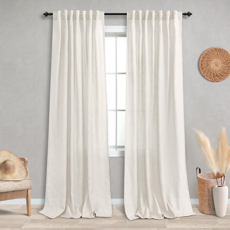 KOUFALL Natural Linen Curtains 86 Inch Length for Living Room Cream Ivory Back Tab Rod Pocket Light Filtering Semi Sheer Curtain for Bedroom Set of 2 Panels