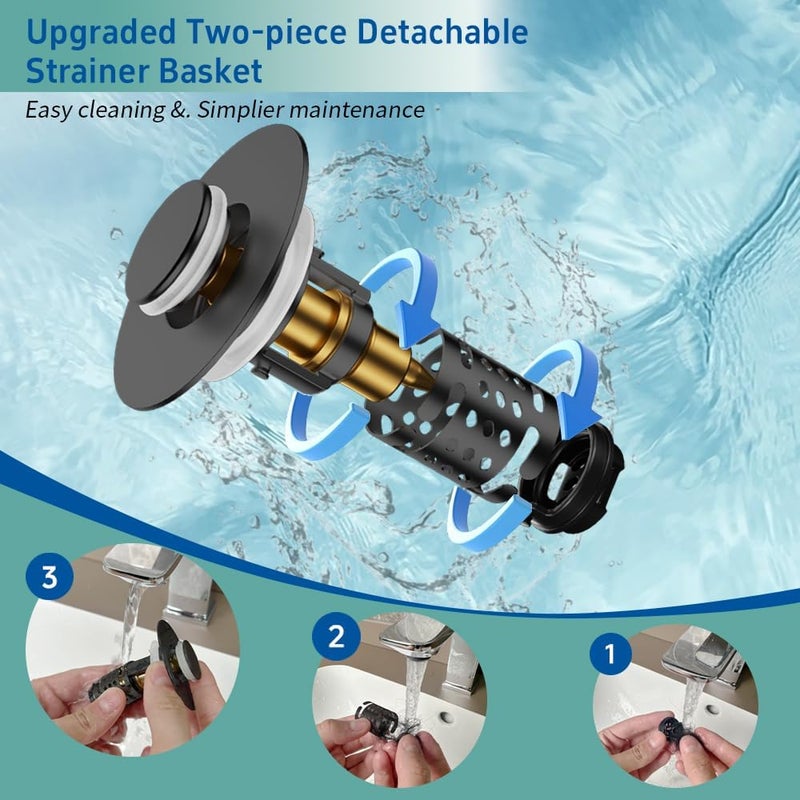 Sello Universal Bathroom Sink Stopper and Drain Strainer, Sink Plug for 1.1”~2.36” Drain Hole, Upgraded Pop Up Sink Drain Stopper with Detachable Hair Catcher Filter Basket, Brass Bounce Core (Black) - Image 3