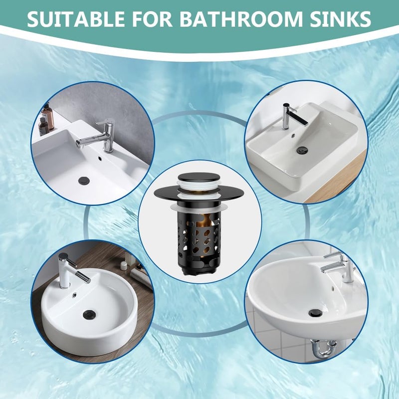 Sello Universal Bathroom Sink Stopper and Drain Strainer, Sink Plug for 1.1”~2.36” Drain Hole, Upgraded Pop Up Sink Drain Stopper with Detachable Hair Catcher Filter Basket, Brass Bounce Core (Black) - Image 4