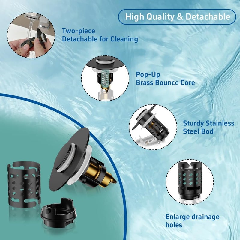 Sello Universal Bathroom Sink Stopper and Drain Strainer, Sink Plug for 1.1”~2.36” Drain Hole, Upgraded Pop Up Sink Drain Stopper with Detachable Hair Catcher Filter Basket, Brass Bounce Core (Black) - Image 2