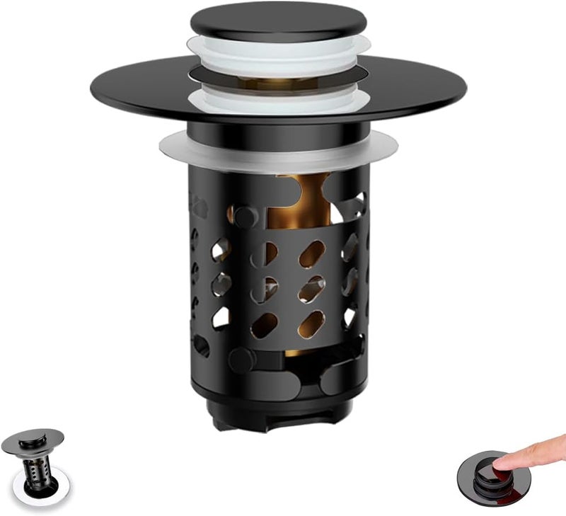 Sello Universal Bathroom Sink Stopper and Drain Strainer, Sink Plug for 1.1”~2.36” Drain Hole, Upgraded Pop Up Sink Drain Stopper with Detachable Hair Catcher Filter Basket, Brass Bounce Core (Black) - Image 1
