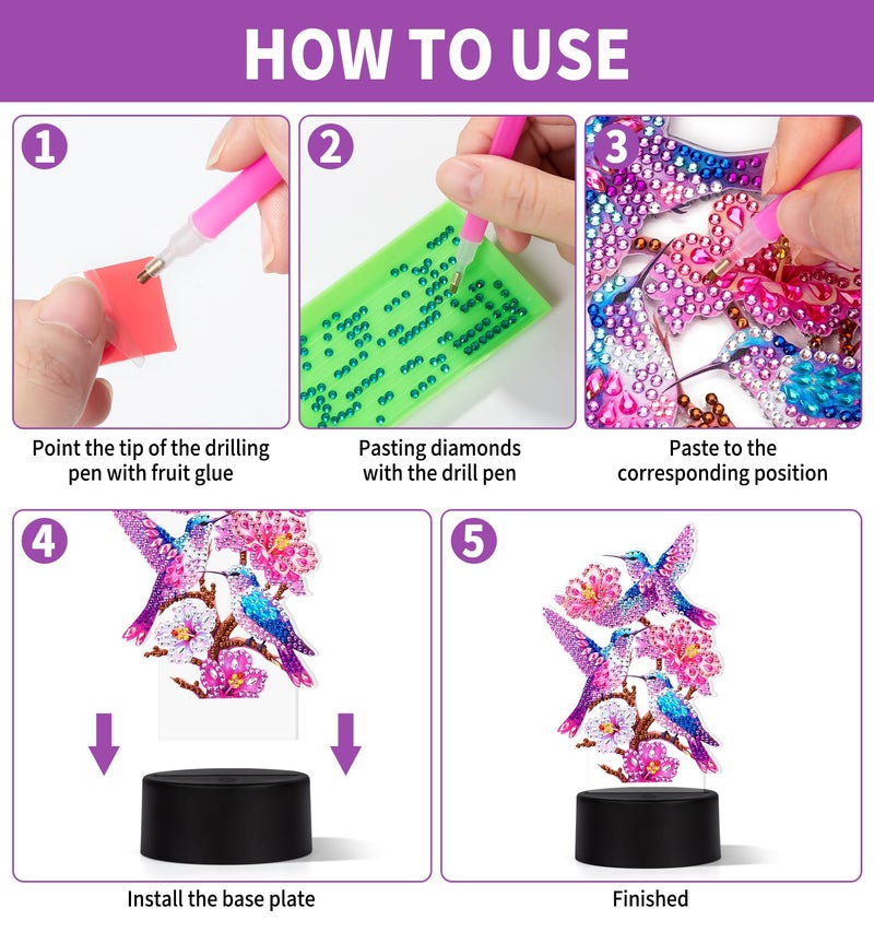 ALKALO Diamond Painting Night Light, Diamond Painting Kits for Adults Desktop Ornaments for Table Tabletop Decor Diamond Art Accessories for Adult Beginner Touch Lamp for Bedrooms Living Room-Birds - Image 5