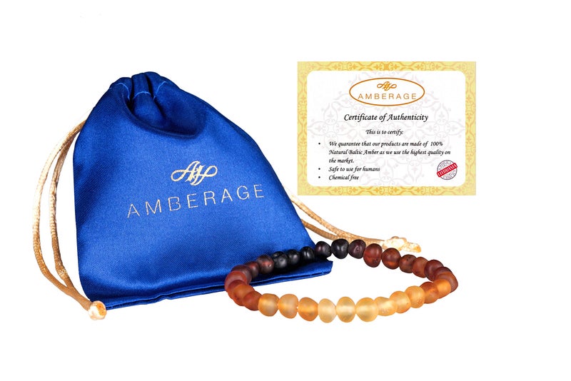AMBERAGE Natural Baltic Amber Bracelet for Adults (Women/Men) - Hand made From Raw-Unpolished/Certified Baltic Amber Beads(6 Colors) (8, Raw-Unpolished Rainbow) - Image 2