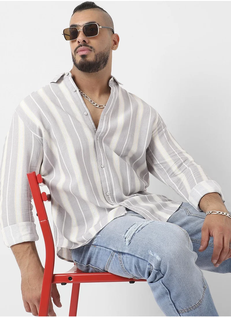 Instafab Plus Instafab Plus Men's Light Grey Shadow Striped Shirt For Casual Wear | Spread Collar | Long Sleeve | Button Closure | Cotton Viscose Shirt Crafted With Comfort Fit For Everyday Wear