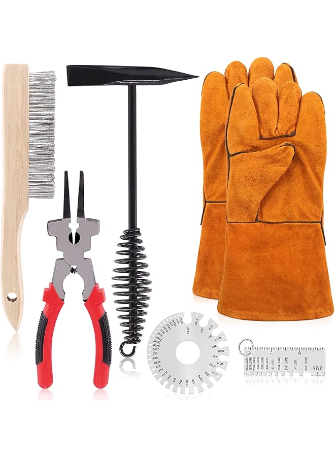 PROMASS 7Pcs 10 Inch Scratch Wire Brush Welding Hammers Slag Removal Tool with Metal Sheet Thickness Gauges, 8 Inch Welding Plier and 10 Inch Welding Chipping Hammer with Steel Coil Spring Handle - Image 1