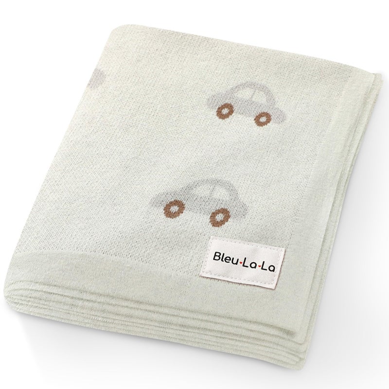Bleu La La Knit Baby Blanket for Girls and Boys 100 Cotton Buttery Soft Cozy Receiving Swaddle Crib Stroller Blanket for Shower Gift Registry for Newborns Infants Toddlers Cars  Cream