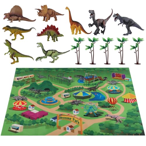 TEMI Dinosaur Toys for Kids 3-5, Jurassic Dinosaurs Figures with Play Mat and Trees to Create a Dinosaur World, Triceratops, Velociraptor, Gifts for Toddler Boys and Girls 3 4 5 6 7 - Image 1