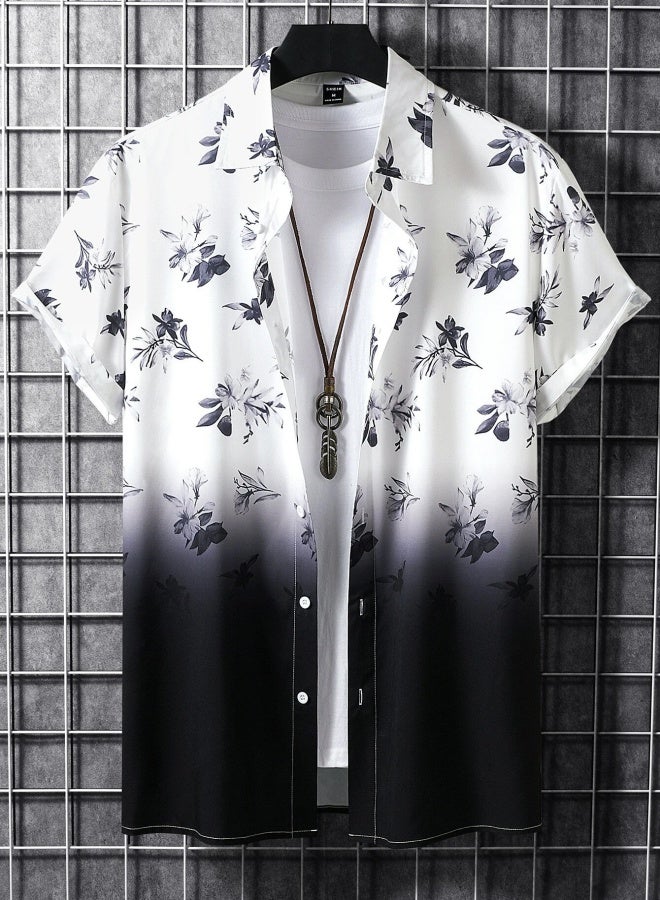 Chinese Style Ink Painting Print Men's Short Sleeve Lapel Shirt Top, Male Casual Button Up Shirt For Daily And Vacation Resorts Beach