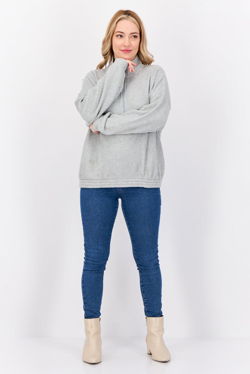 Aerie Women Mock Neck Textured Sweatshirt, Grey - Image 4