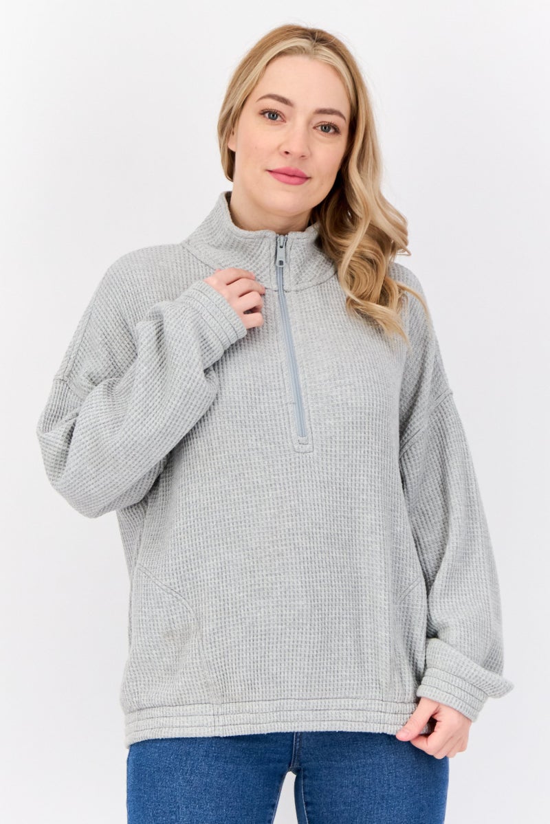 Aerie Women Mock Neck Textured Sweatshirt, Grey - Image 1