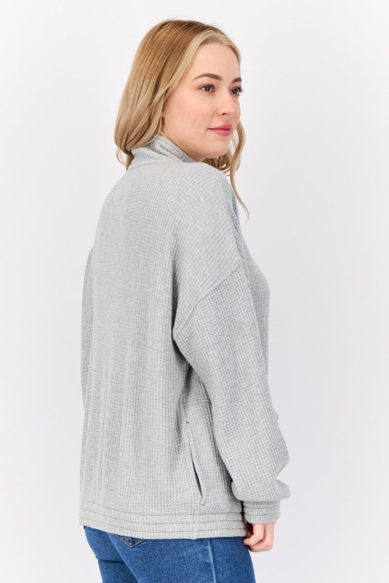 Aerie Women Mock Neck Textured Sweatshirt, Grey - Image 3
