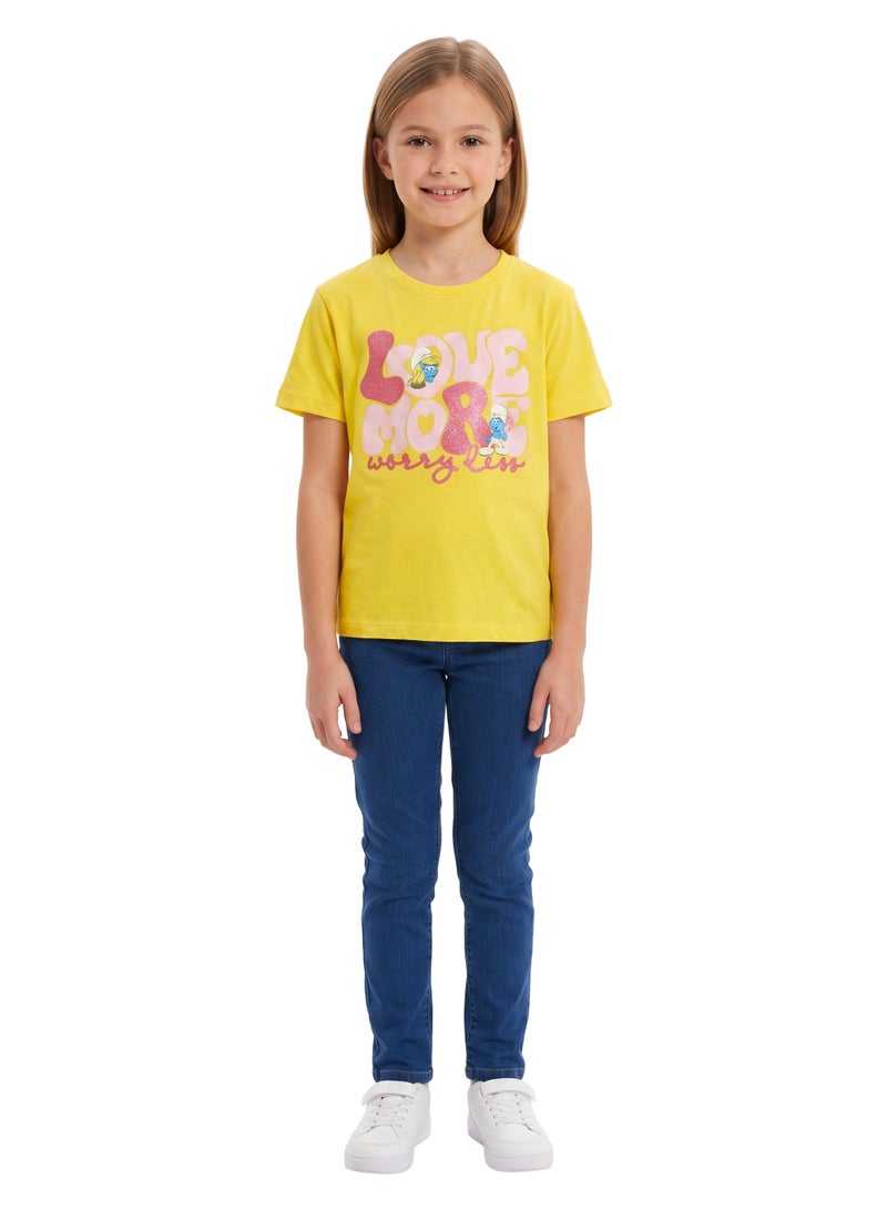 Trucare The Smurfs Smurfette "Love More Worry Less" Graphic T-Shirt for Girls | Glitter Print Casual Crew Neck Tee - Image 3