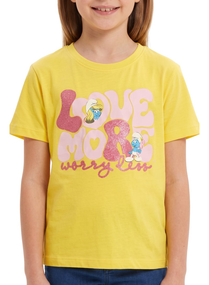Trucare The Smurfs Smurfette "Love More Worry Less" Graphic T-Shirt for Girls | Glitter Print Casual Crew Neck Tee - Image 4