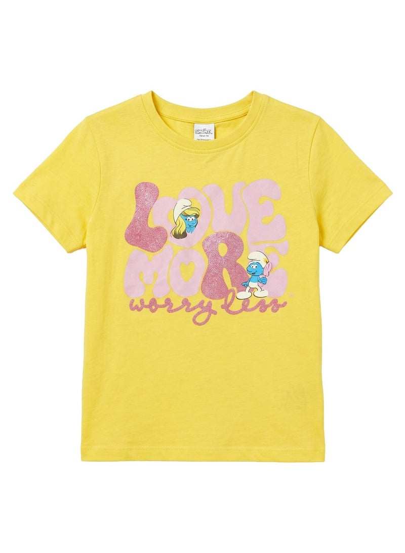 Trucare The Smurfs Smurfette "Love More Worry Less" Graphic T-Shirt for Girls | Glitter Print Casual Crew Neck Tee - Image 5