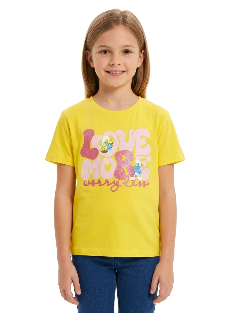 Trucare The Smurfs Smurfette "Love More Worry Less" Graphic T-Shirt for Girls | Glitter Print Casual Crew Neck Tee