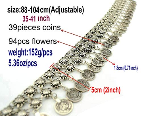TianBo Vintage Antique Silver Color Coin Tassels Pendant Belly Dance Body Chain Waist Chains Turkish Gypsy Carving Beach Belt Body Jewelry for Women Size 35-41in Adjustable - Image 3