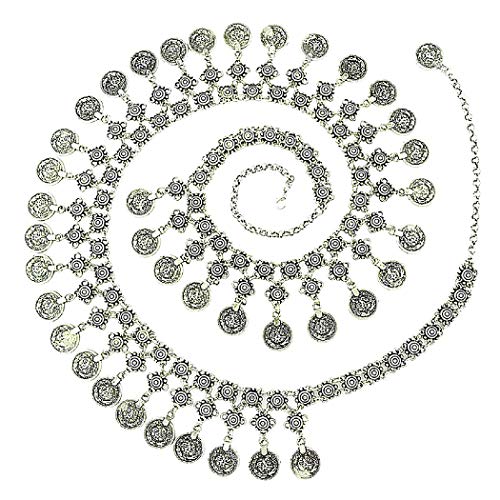 TianBo Vintage Antique Silver Color Coin Tassels Pendant Belly Dance Body Chain Waist Chains Turkish Gypsy Carving Beach Belt Body Jewelry for Women Size 35-41in Adjustable - Image 1