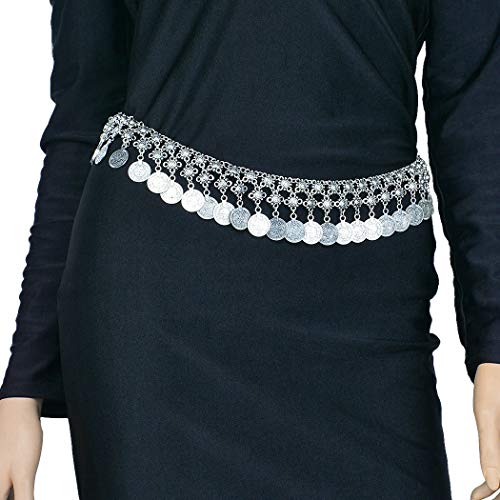 TianBo Vintage Antique Silver Color Coin Tassels Pendant Belly Dance Body Chain Waist Chains Turkish Gypsy Carving Beach Belt Body Jewelry for Women Size 35-41in Adjustable - Image 2