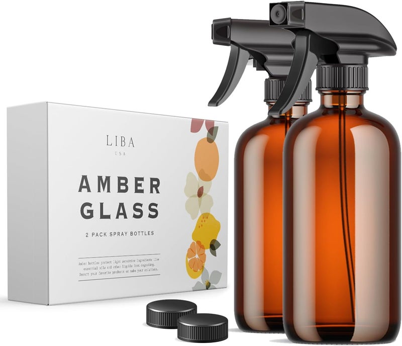 LiBa Amber Glass Spray Bottles 2 Pack, 16 oz Refillable Empty Spray Bottle for Cleaning, Essential Oils, Hair, Plants, Adjustable Nozzle for Squirt and Mist, Bleach/Vinegar/Rubbing Alcohol Safe - Image 1