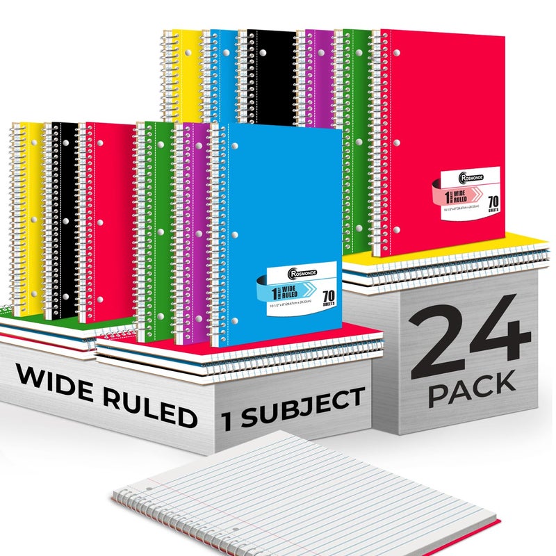 Rosmonde Spiral Notebooks, 24 Pack, 1 Subject Notebook, Wide Ruled, 70 Sheets, 8 x 10-1/2", 3 Hole Punched, School Supplies, Bulk Single Subject Spiral Notebook Bulk, Assorted Colors Pack of Notebooks - Image 1