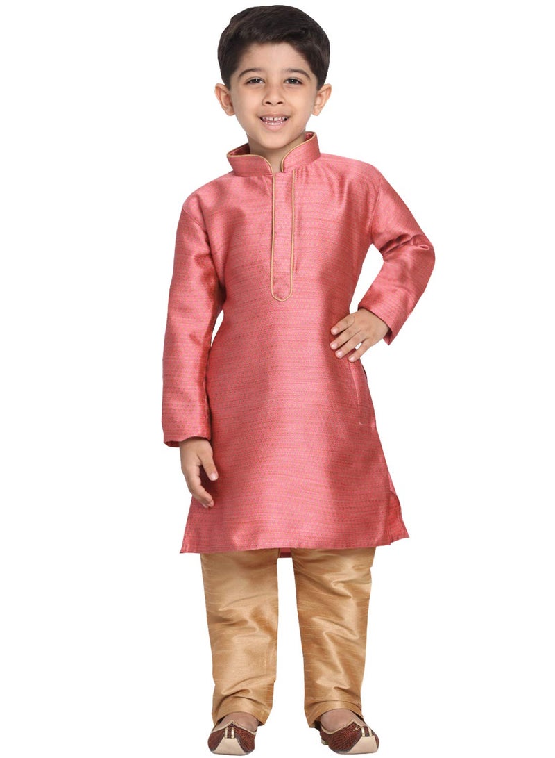 JBN Creation Boys' Bubble Gum Pink and Rose Gold Silk Blend Kurta and Pyjama Set_VASBK047PNnPRG_24 - Image 1