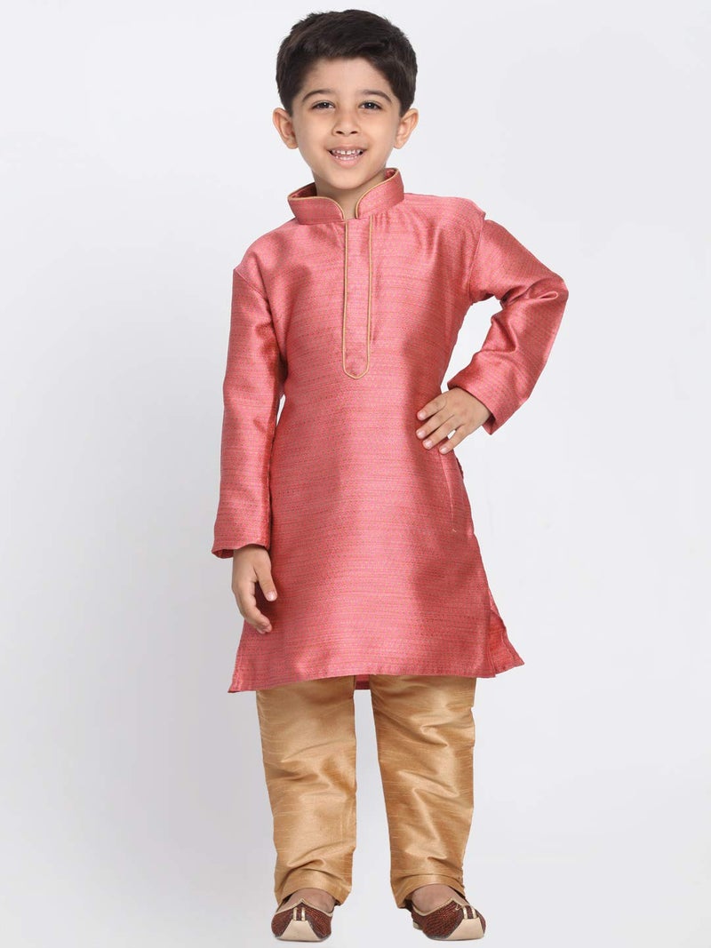 JBN Creation Boys' Bubble Gum Pink and Rose Gold Silk Blend Kurta and Pyjama Set_VASBK047PNnPRG_24 - Image 2