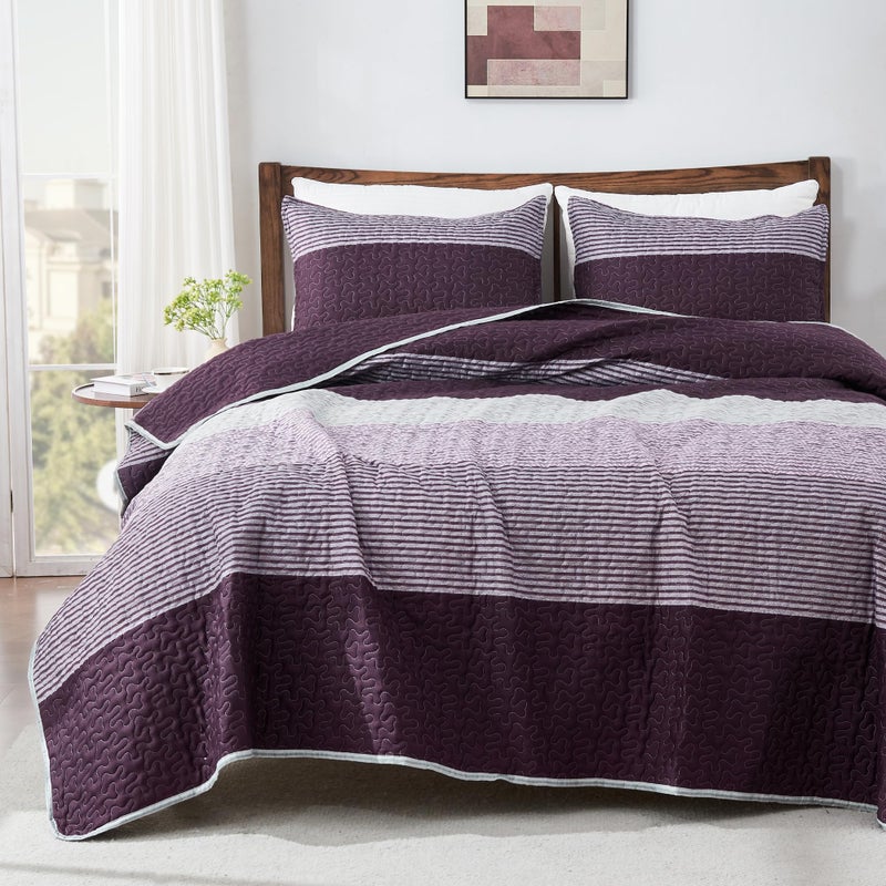 Andency Stripe Quilt Set Cal King104x112Inch 3 Pieces 1 Purple Quilt and 2 Pillowcases Purple and Grey Striped Bedspread Set Lightweight Soft Microfiber Quilted Coverlet Set