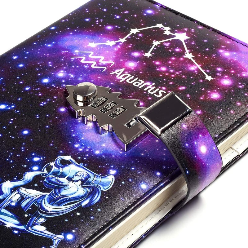 ARRLSDB A5 Creative Password Lock Journal PU Leather Combination Lock Diary Locking Diary Notepad (Aquarius) - Image 3
