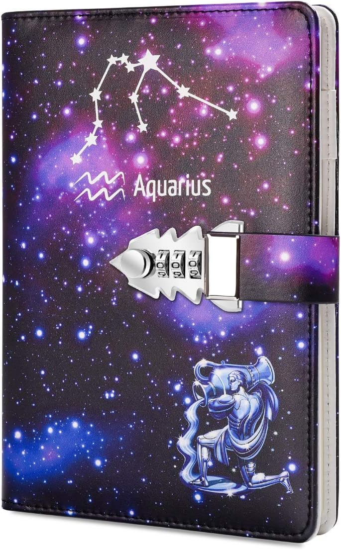 ARRLSDB A5 Creative Password Lock Journal PU Leather Combination Lock Diary Locking Diary Notepad (Aquarius) - Image 1