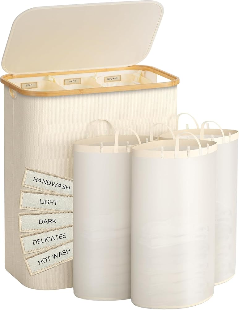 XVersion 3-Bag Laundry Hamper with Lid – Removable Liner Bags & Sorting Labels, Collapsible Clothes Basket for Dark/Light/Delicates, Bathroom & Bedroom (White) - Image 1