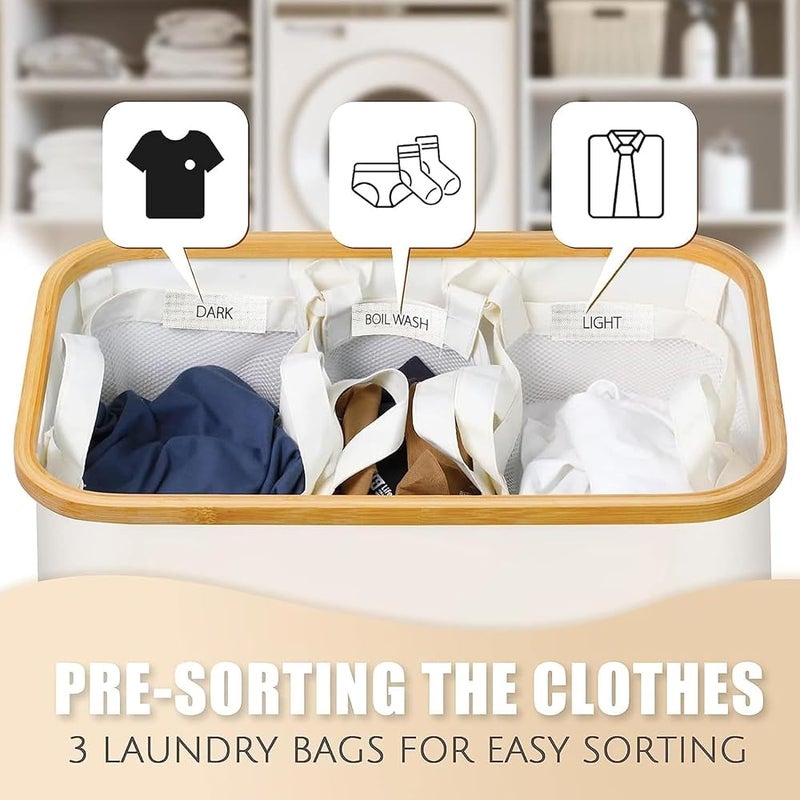 XVersion 3-Bag Laundry Hamper with Lid – Removable Liner Bags & Sorting Labels, Collapsible Clothes Basket for Dark/Light/Delicates, Bathroom & Bedroom (White) - Image 3