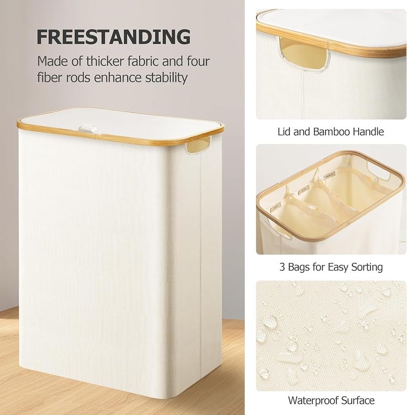 XVersion 3-Bag Laundry Hamper with Lid – Removable Liner Bags & Sorting Labels, Collapsible Clothes Basket for Dark/Light/Delicates, Bathroom & Bedroom (White) - Image 5