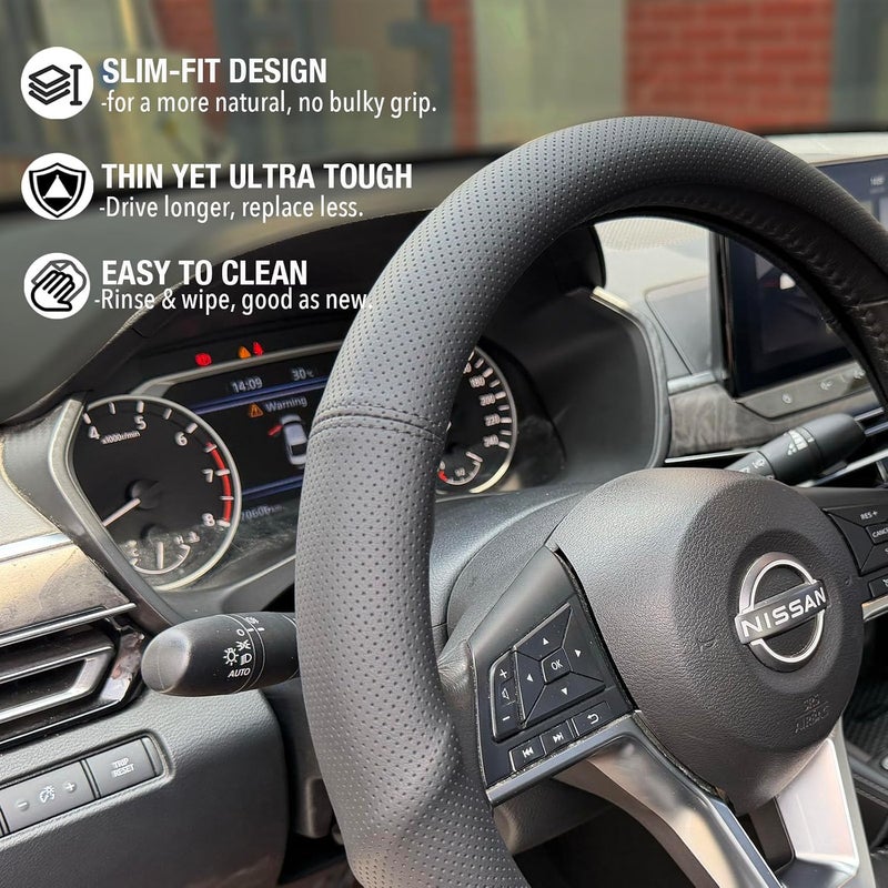 PINCTROT D Shaped Nappa Leather Steering Wheel Cover with Ergonomic Palm Support Grip, Full Perforated Breathable, Slim Fit No Bulk Design, Flat Bottom 14.5-15 Inch (Black) - Image 3